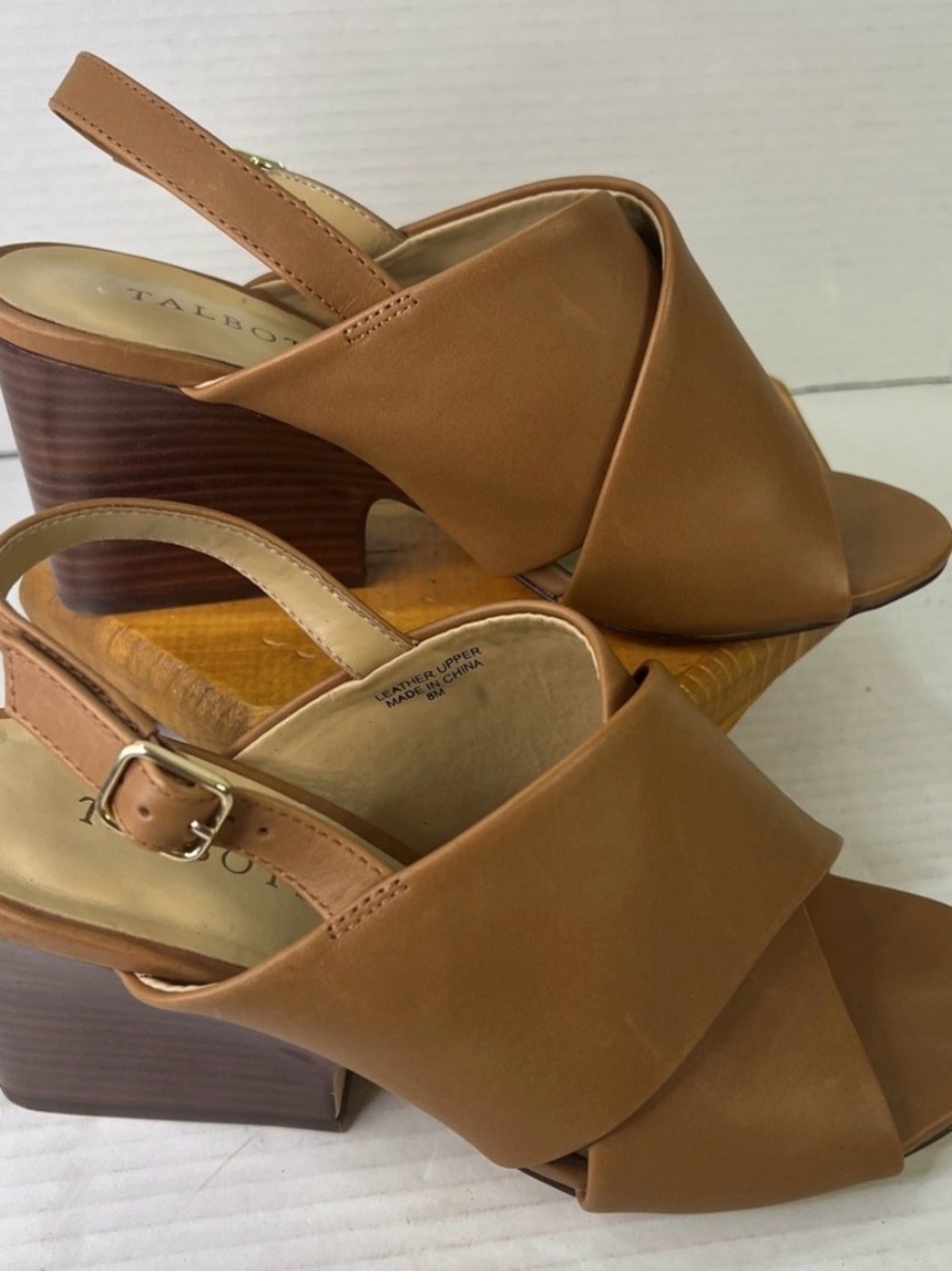 Talbots Cognac Tan Leather Slingback Wedge Sandals Shoes, size 8